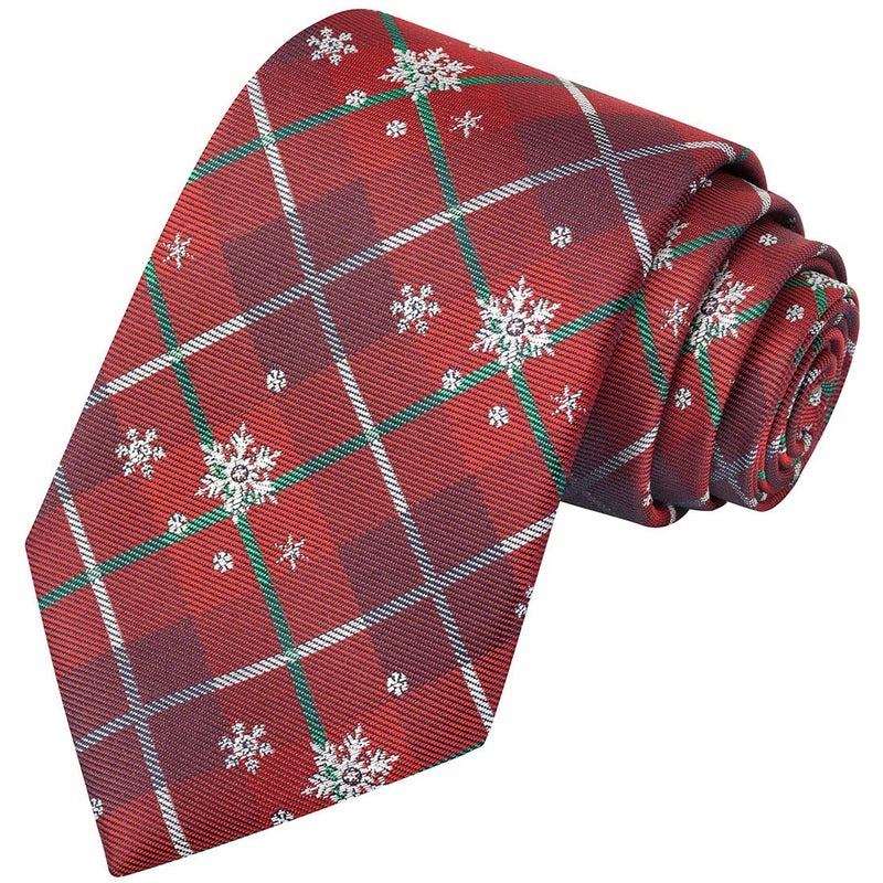 KissTies Christmas Tie Snowflakes Red Plaid Necktie Holiday Season Ties - Image 1